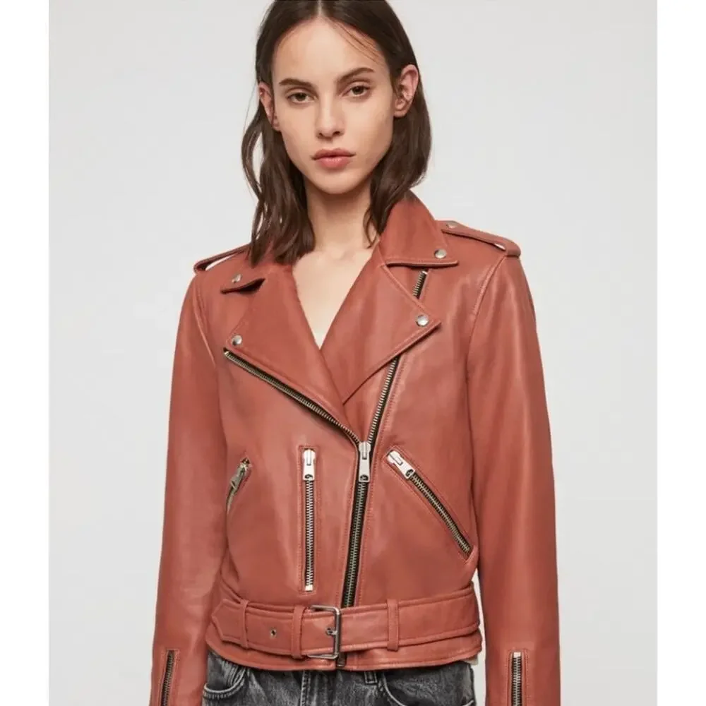 ALLSAINTS Balfern Leather Biker Jacket in Rose Wood Pink - Picture 4 of 13